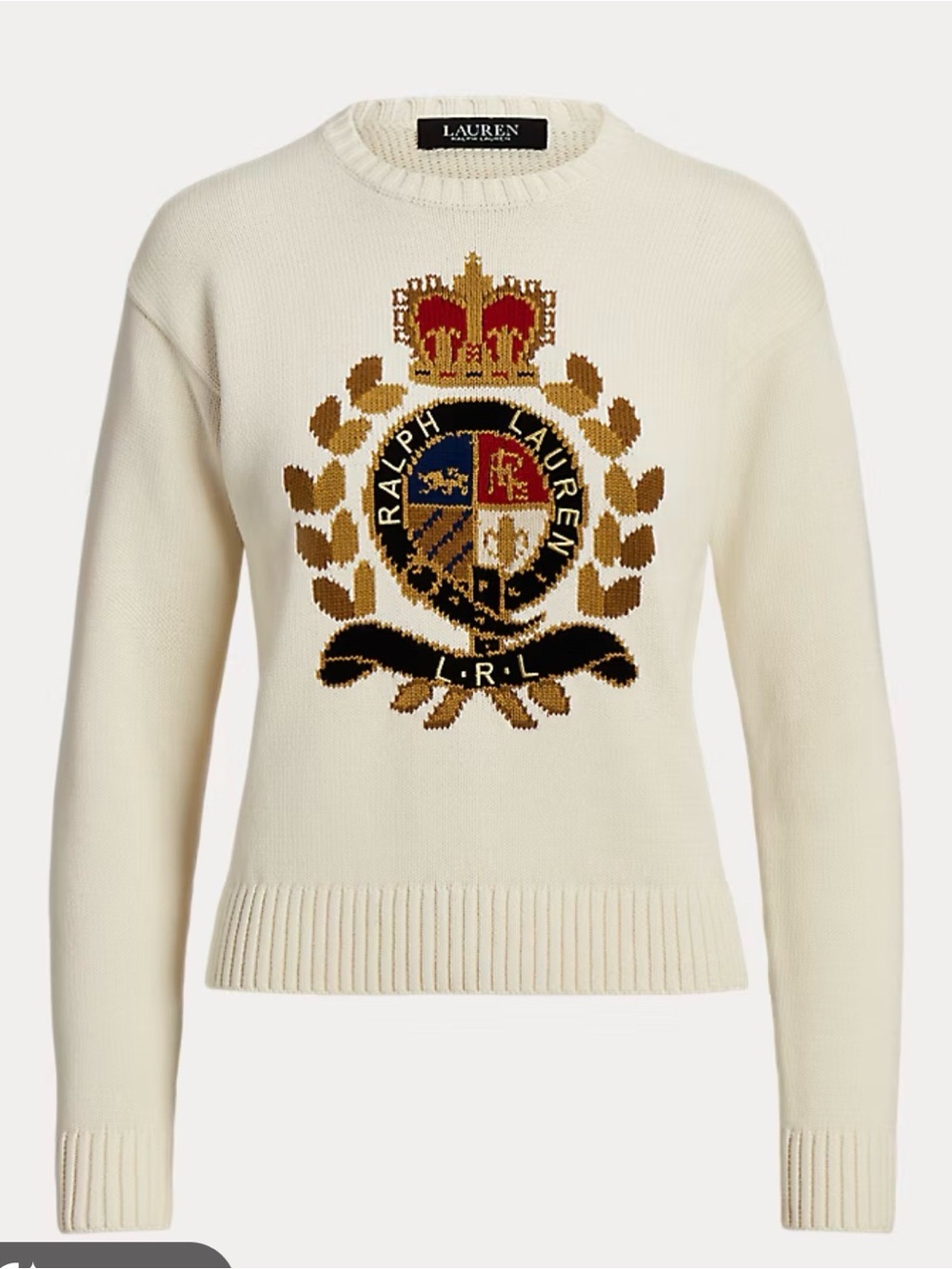 Ralph Lauren intarsia Cream Crewneck Sweater with Embroidered Gold & Navy Crest